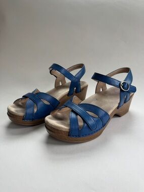 Dansko Blue Leather Ankle-Strap Wedge Sandals